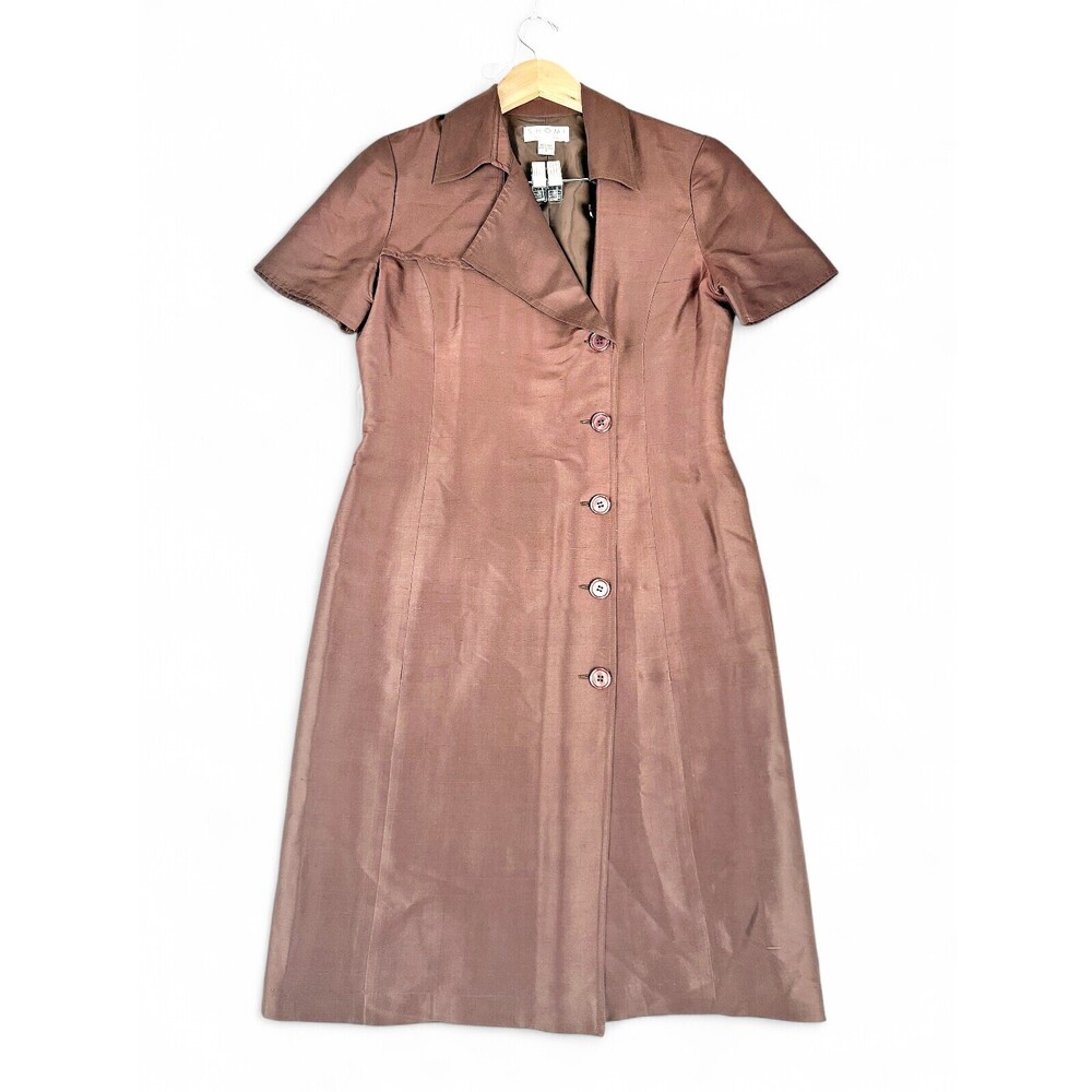 Shomi 100% Silk Button-Front Midi Dress Size 6 Brown